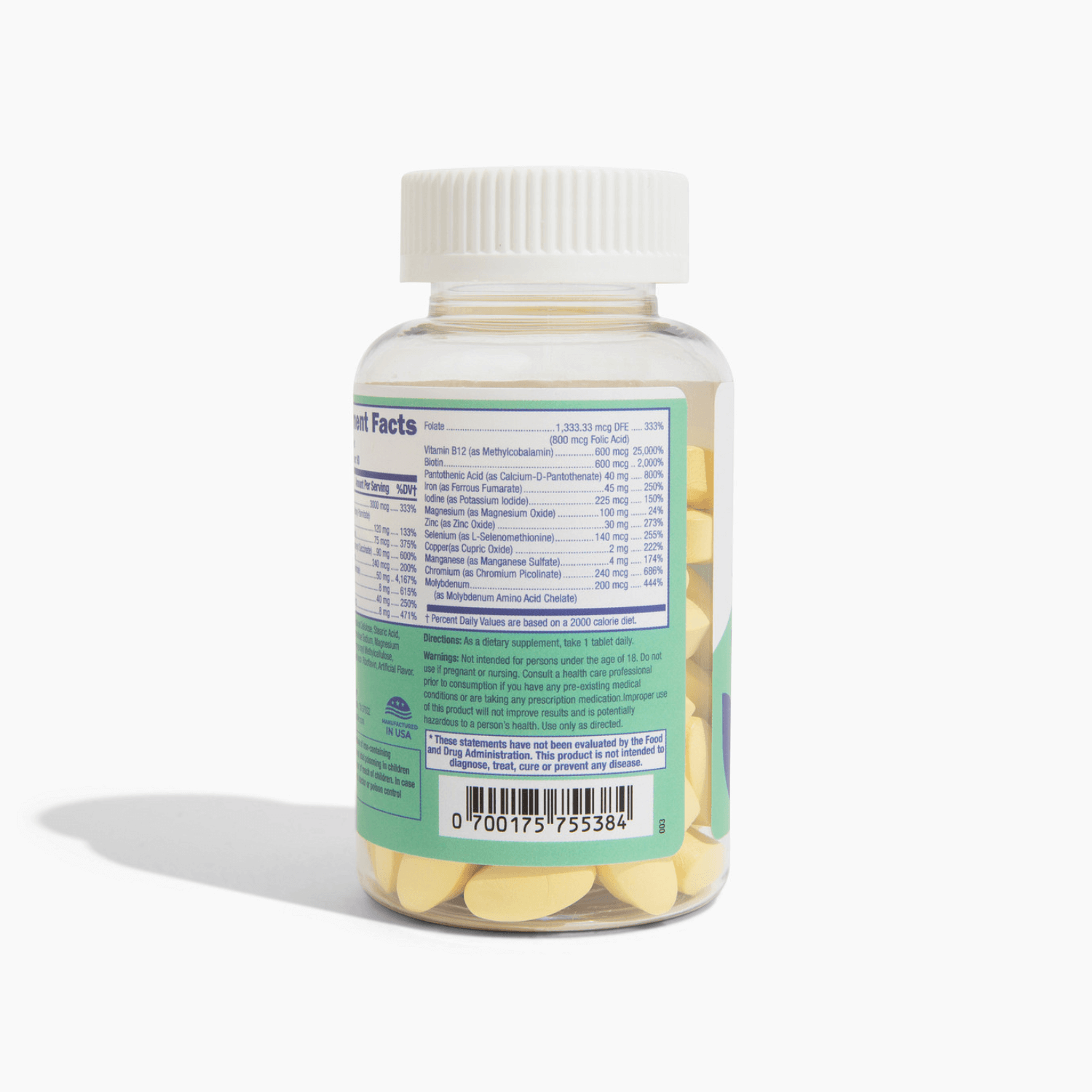 Bariatric multivitamin with iron in a clear bottle, featuring detailed nutrition facts and yellow tablets.